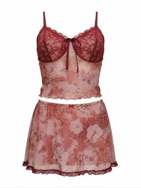 Cider 3xl 2 Piece Lingerie Set Floral Lace Mesh Bralette Mini Skirt NWT